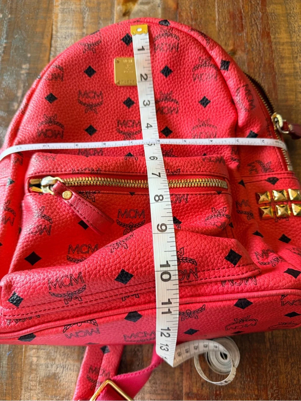 MCM Pink Logo-Print Leather Backpack with Gold Hardware